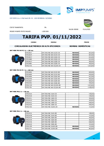 IMP PUMPS TARIFA BOMBAS ROTOR HÚMEDO DOMÉSTICA NOVIEMBRE 2022