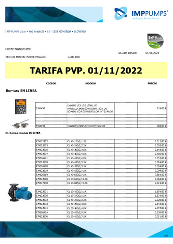 IMP PUMPS TARIFA BOMBAS ROTOR SECO NOVIEMBRE 2022