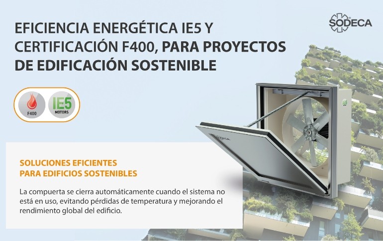 SODECA impulsa la edificación sostenible con extractores F400 equipados con motores IE5 de alta eficiencia